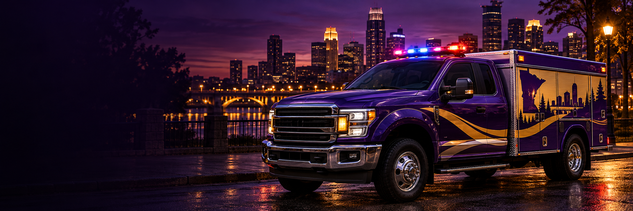 Purple-and-gold Minnesota Sober Patrol community response vehicle at dusk