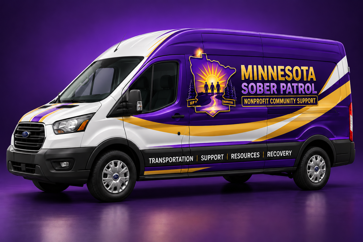 Purple-and-gold Minnesota Sober Patrol transportation van concept